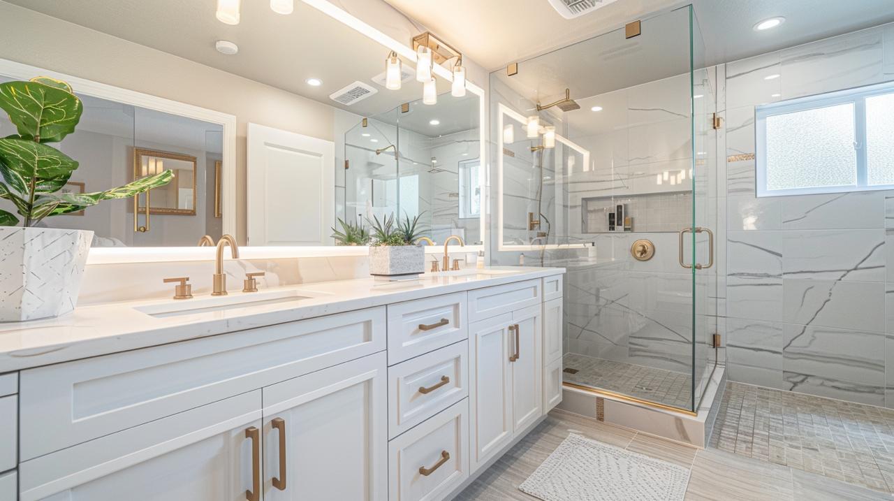 Contemporary bathroom remodeling Honolulu featuring double vanity with marble countertops and white shaker cabinetry with chrome hardware.