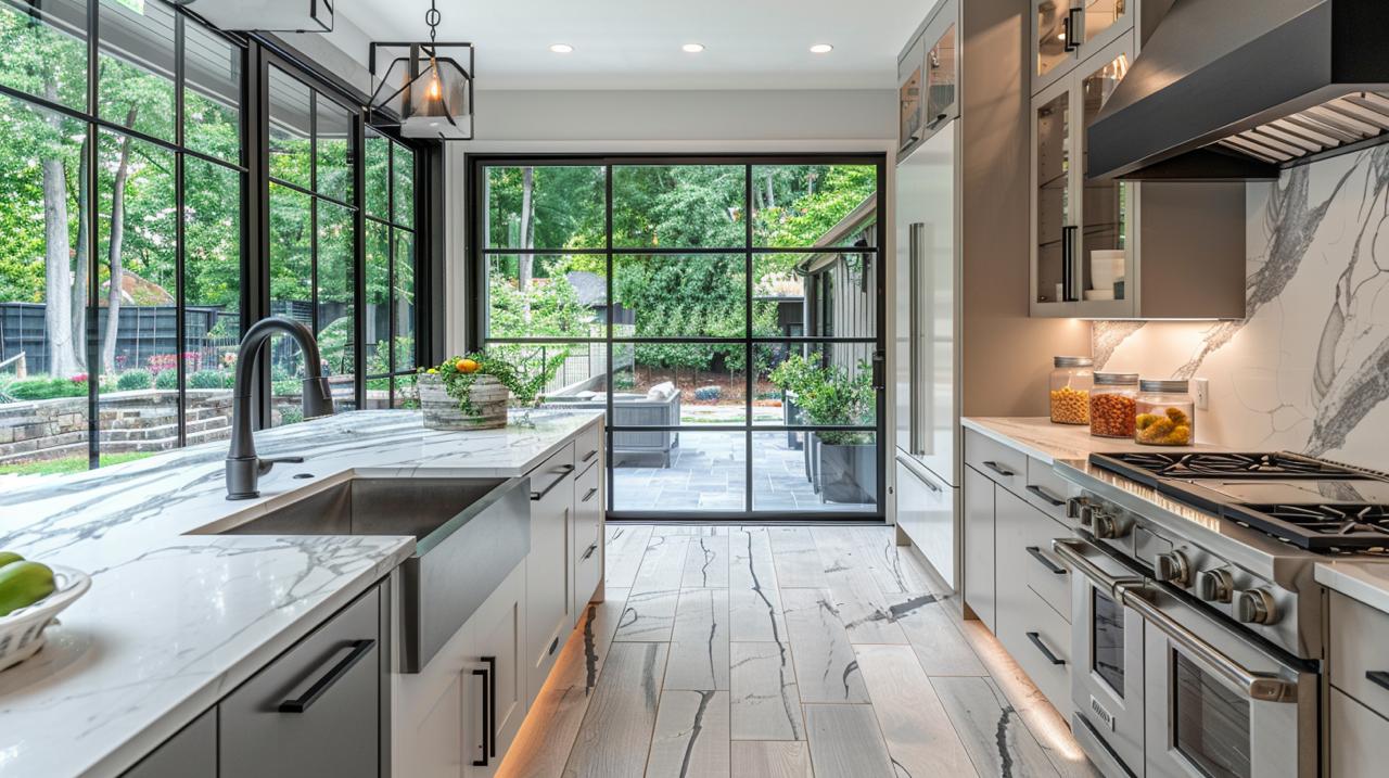 Open concept kitchen by remodeling contractor Honolulu featuring dining area integration with pendant lights and outdoor views