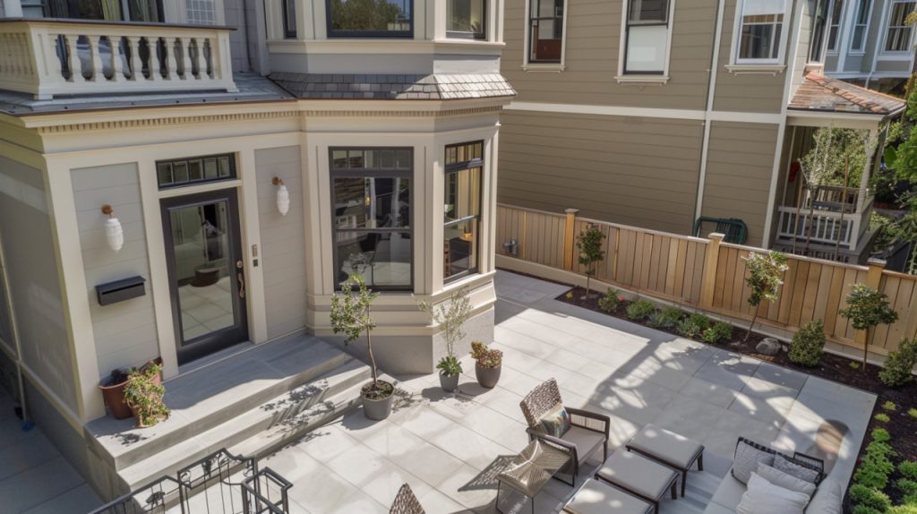 Professional project management showcase with outdoor patio connection to remodeled kitchen through expansive sliding glass doors.