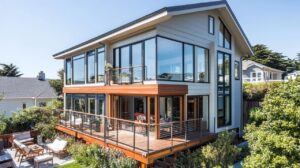 Impressive room addition Honolulu two-story contemporary design with expansive wood deck and floor-to-ceiling windows