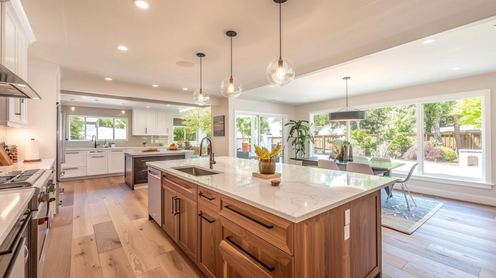 Open-concept kitchen with custom white oak cabinetry, wood waterfall island, and modern pendant lighting in a Honolulu home