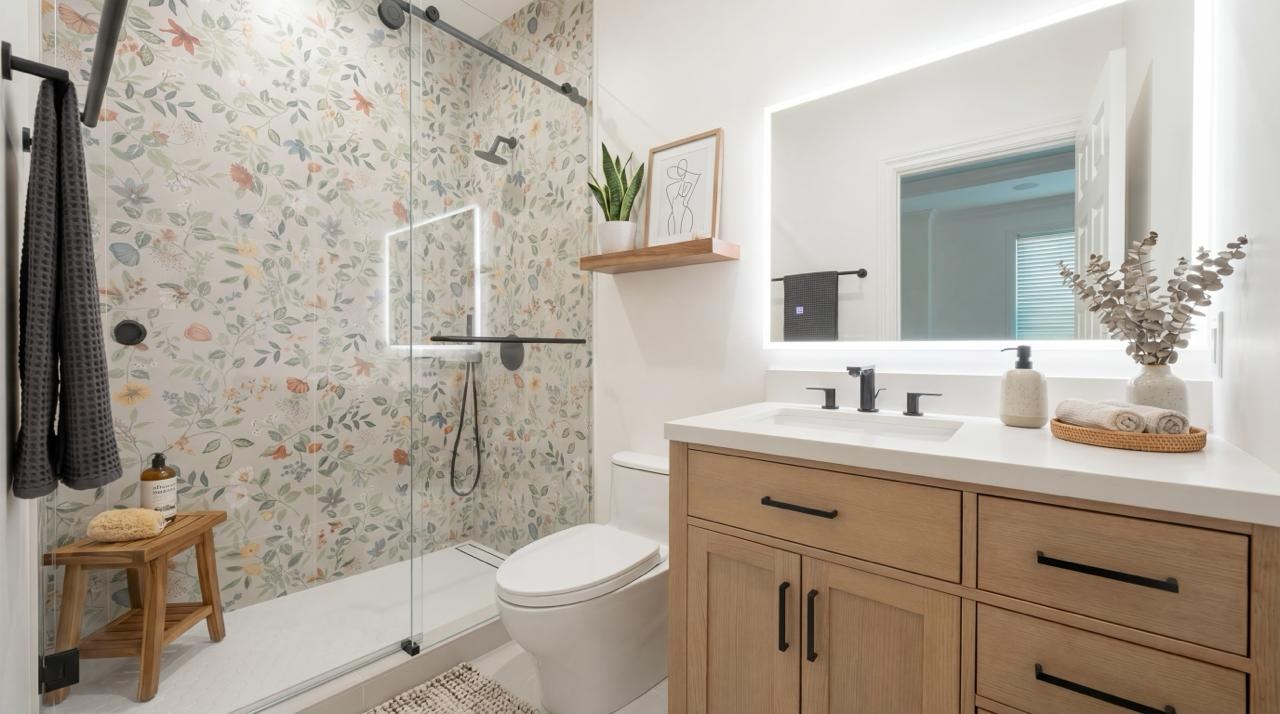 Bathroom remodel modern white bathroom with walk-in shower wood vanity and backlit mirror by ASL Remodeling