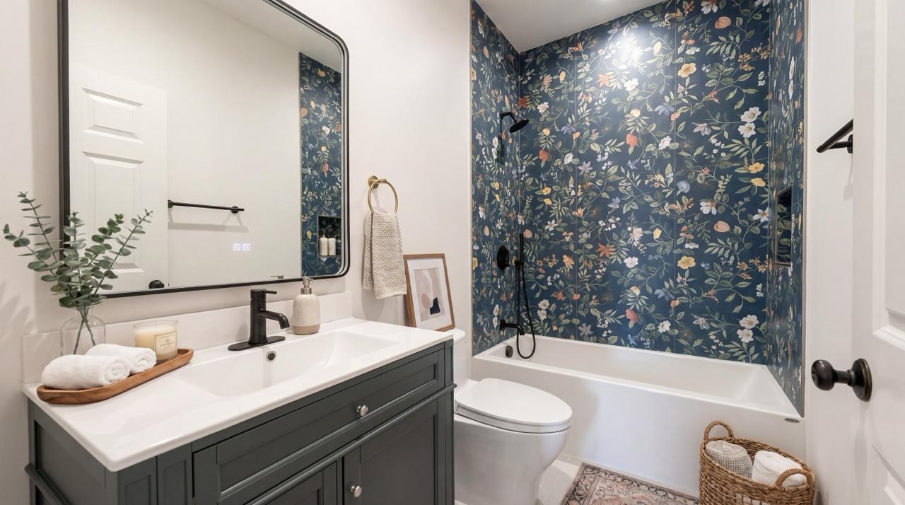 Bathroom remodeling navy floral walk-in shower with built-in niche by ASL Remodeling
