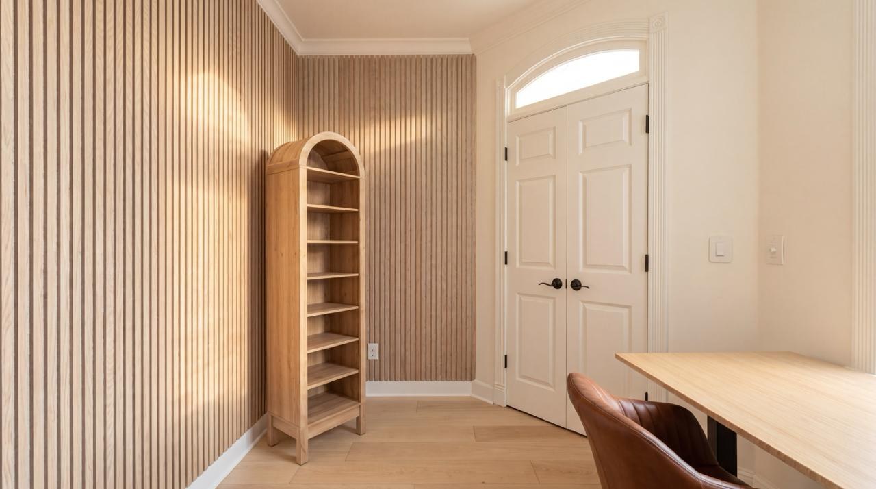 Home office with an oak slat accent wall, arched open bookshelf, and white double doors with an arched transom window, by ASL Remodeling.