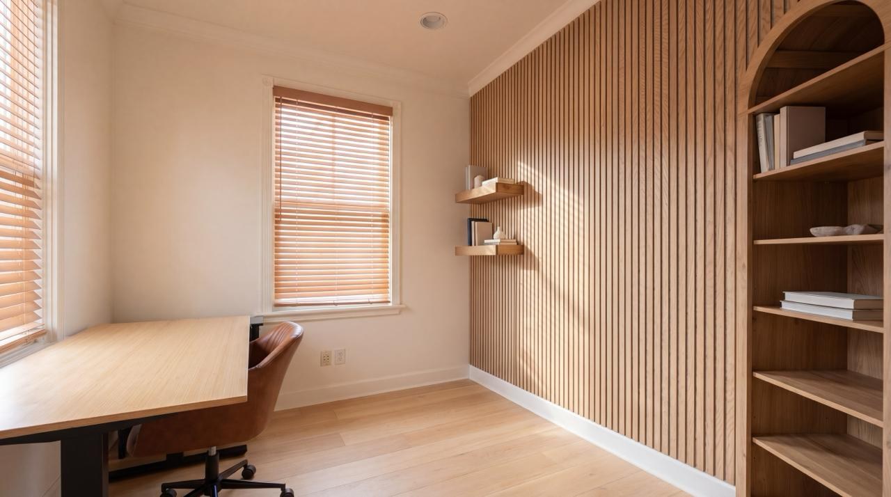 Home office featuring an oak slat feature wall, arched built-in shelving, floating shelves, and a wood desk beside a blinded window, by ASL Remodeling.