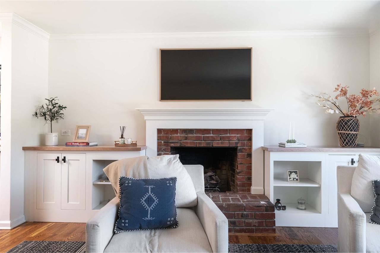Before and after home living room featuring fireplace redesign with white millwork surround, custom built-ins for display and storage, and contemporary focal point