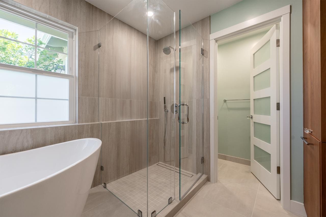 Complete master suite bathroom with radiant heated tile floors