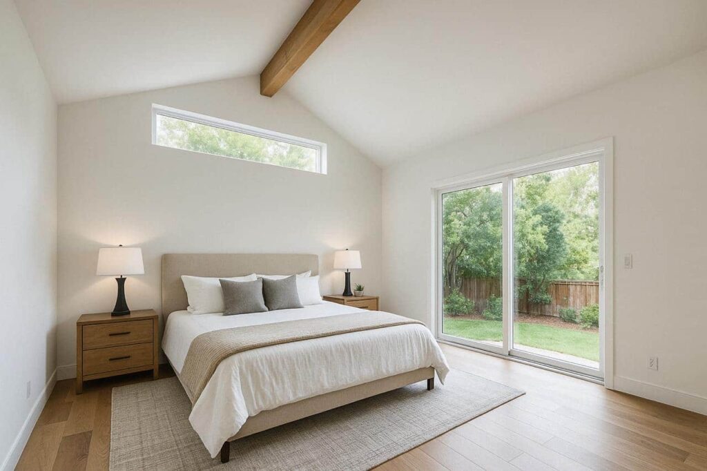 Bedroom addition with vaulted ceiling, exposed wood beam, and sliding glass door to the backyard.