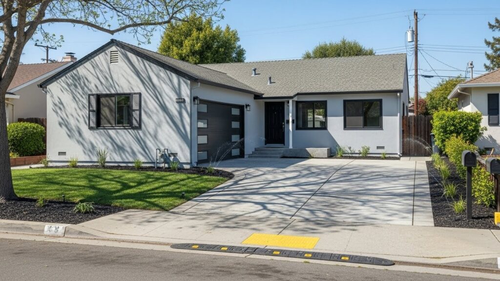 Finished exterior of a single-story home addition with a modern garage door and freshly landscaped front yard.
