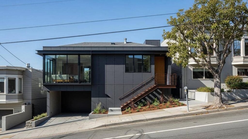 Modern two-story room addition with dark metal siding, large window wall, and exterior staircase leading to the front door.