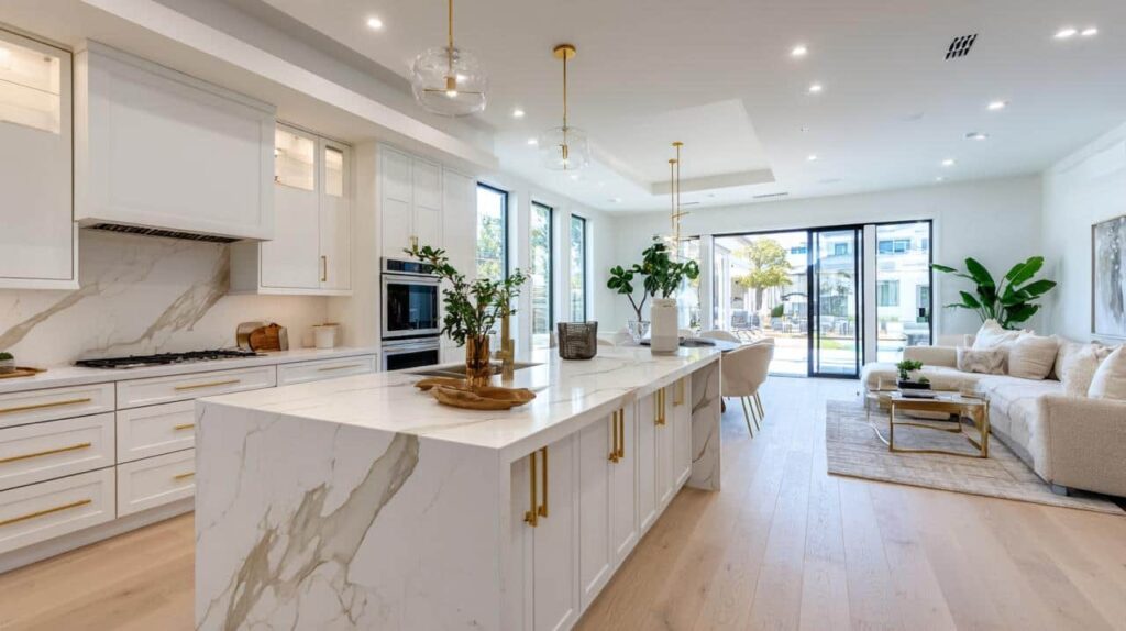 Long waterfall-edge island anchors a bright white kitchen that opens into the dining and living areas beyond.