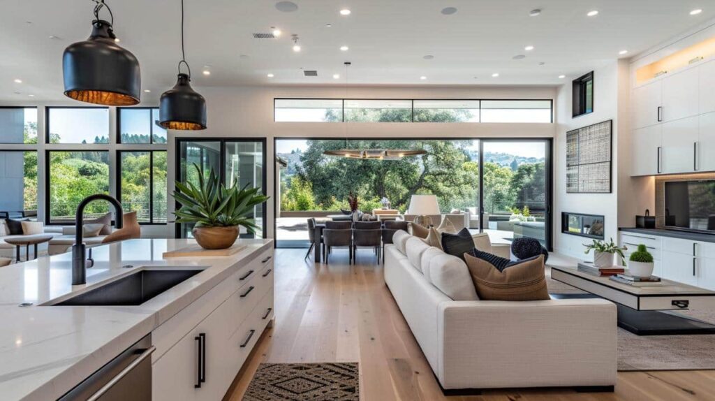 White kitchen island with black faucet opens into a sunlit living and dining space beyond.